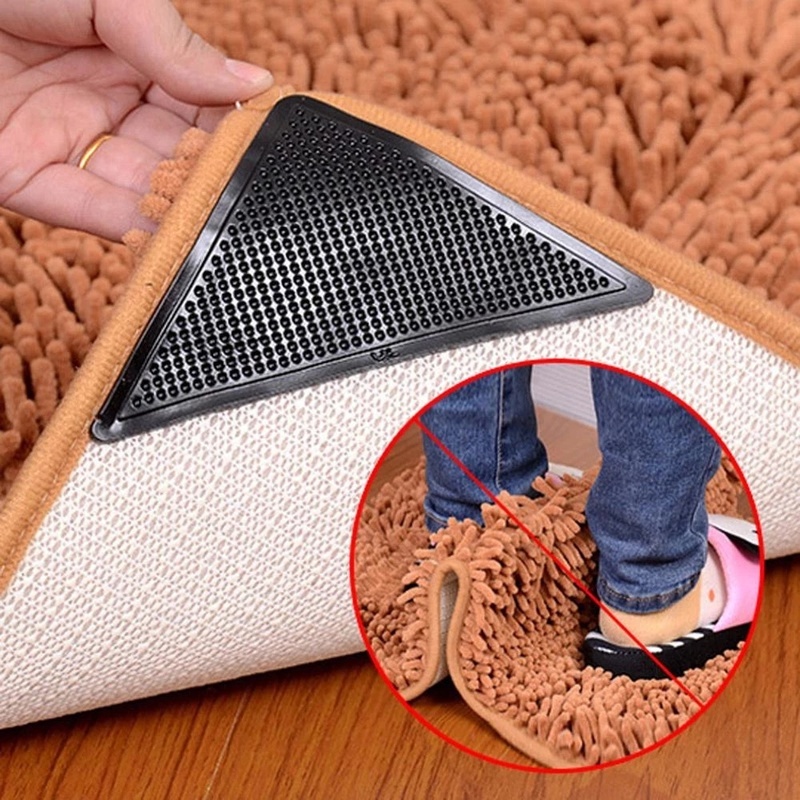 Set 4 Miếng Dán Bằng PU Hình Tam Giác Chống Trượt Màu Đen Có Thể Tái Sử Dụng Cho Thảm Lót Sàn Nhà