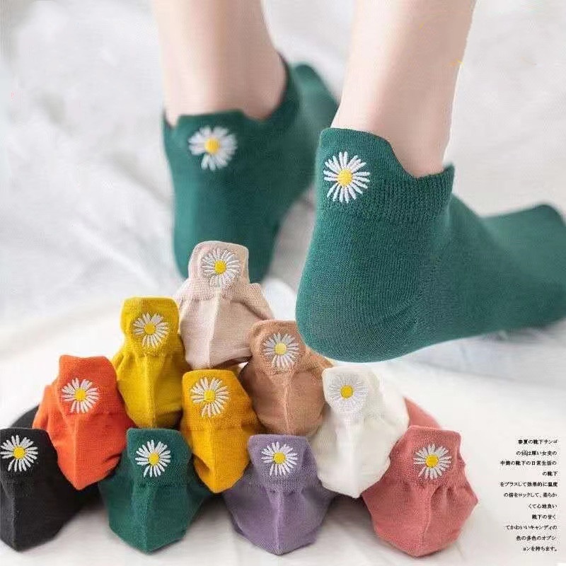 Vớ cotton Cổ Thấp Thêu Họa Tiết Hoa Cúc Xinh Xắn Thời Trang Xuân Hè Cho Nữ
