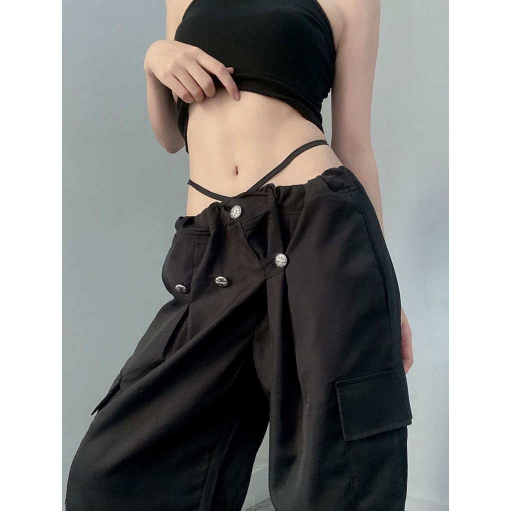 Niche Quần Yếm Dây Rút Phong Cách Đường Phố Mỹ Thường Ngày Cho Nữ