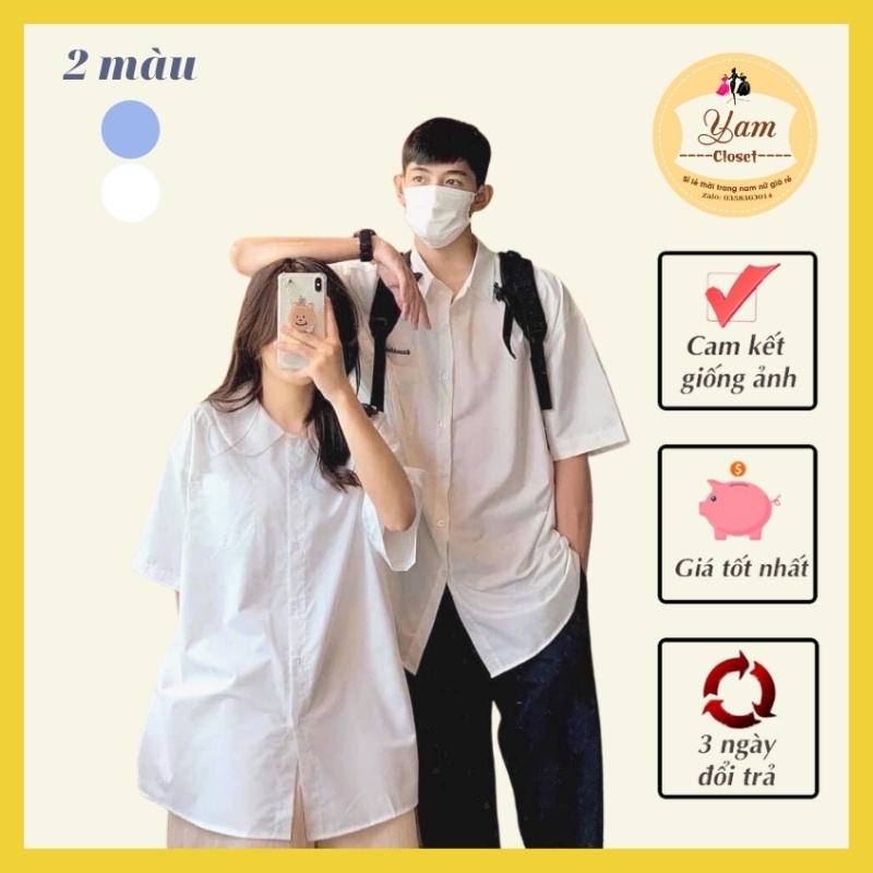 Áo Sơ Mi Trắng Có Cổ Cộc Tay 2 Màu Dáng Rộng Unisex Phong Cách Hàn Quốc Yam Closet