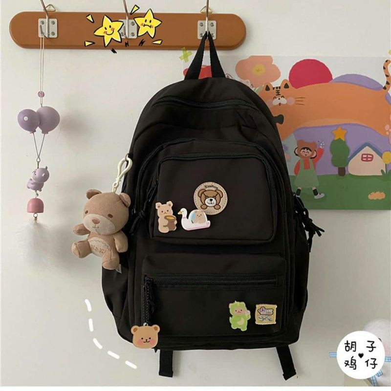 Balo ulzzang nữ vải đi học. Balo vải đi học tem gấu nhiều ngăn
