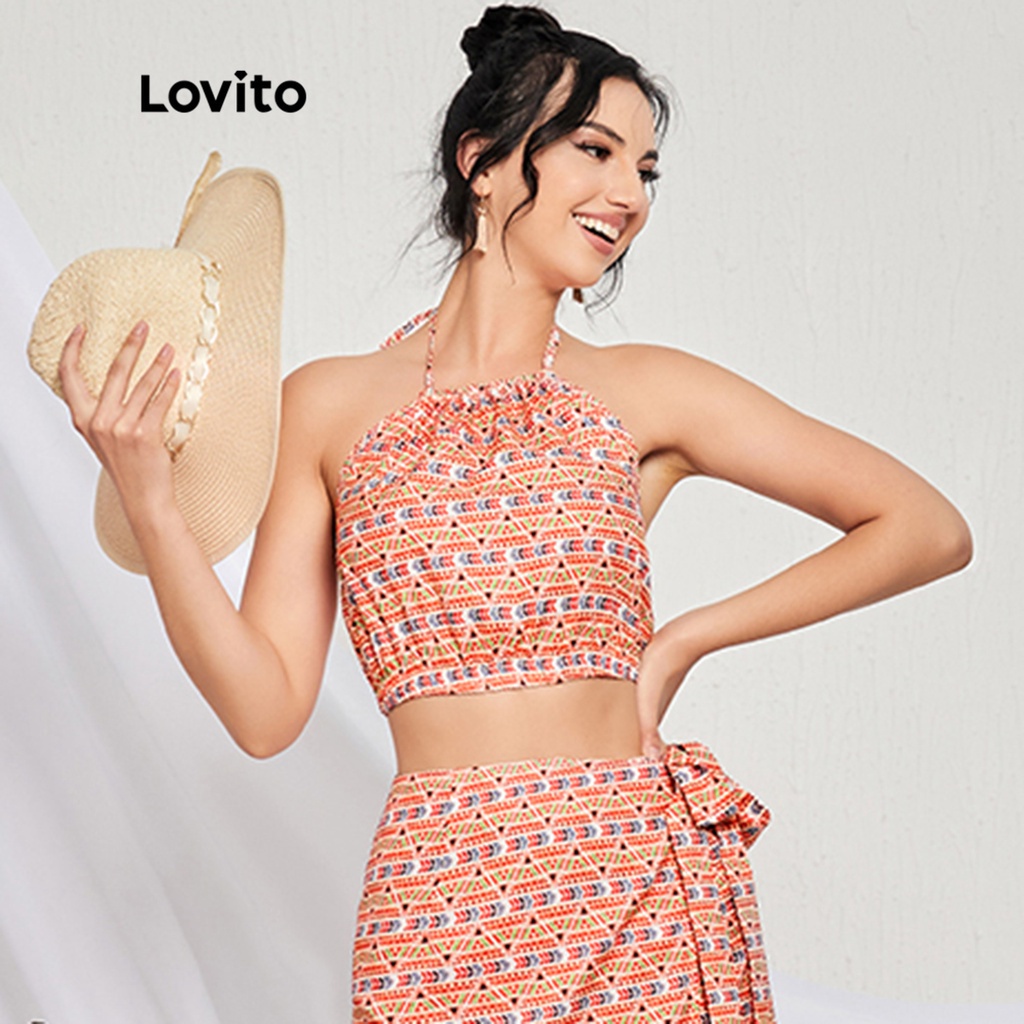 Áo tank top Lovito hở lưng hai dây mảnh thắt dây hình học phong cách boho L14E001 (Màu cam)