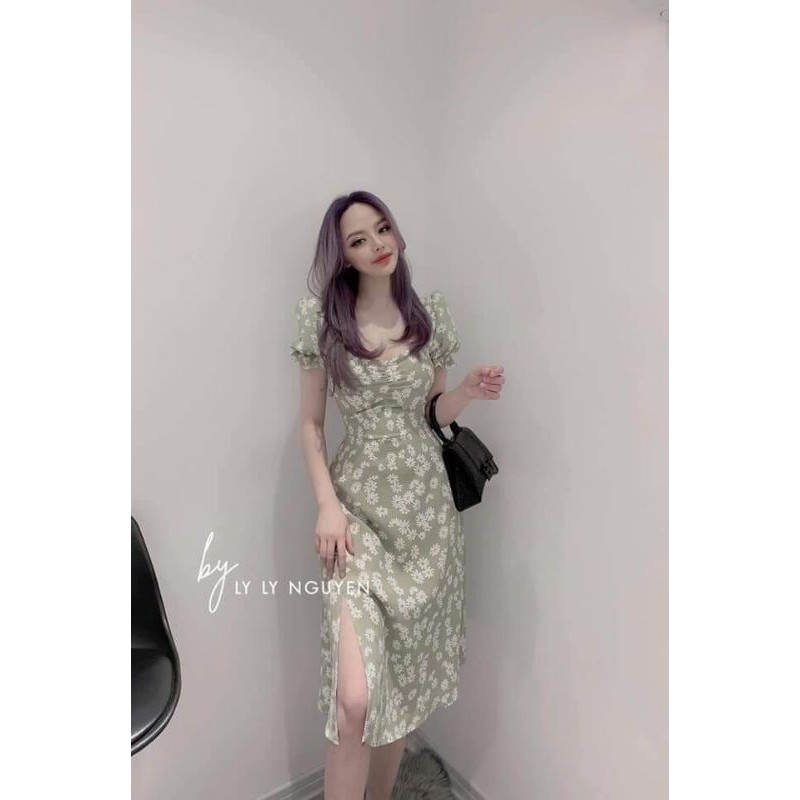 Đầm xòe tay ngắn xẻ tà họa tiết hoa cúc họa mi