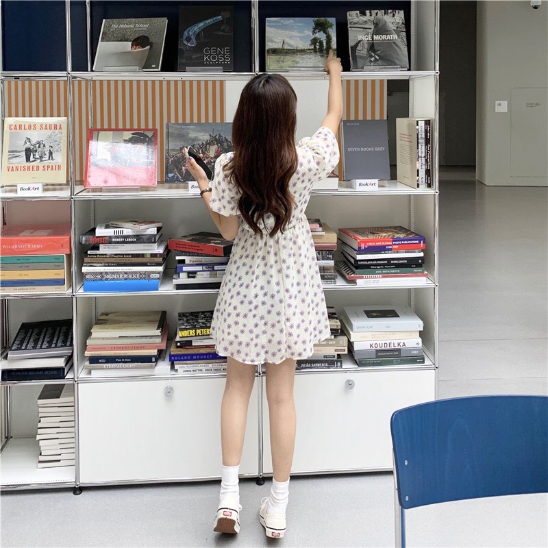 Váy trắng babydoll hoa tím body Ulzzang tay bồng , Đầm nữ vintage thiết kế dáng ngắn | BigBuy360 - bigbuy360.vn