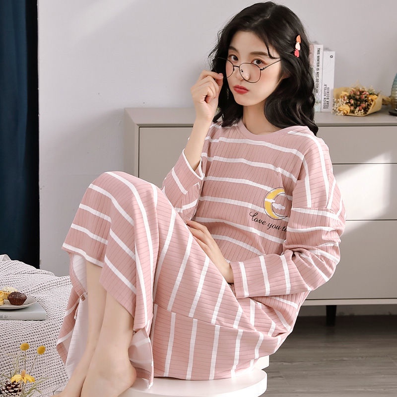 Đầm Ngủ Cotton Tay Dài Dáng Rộng Thời Trang Xuân Thu Cho Nữ