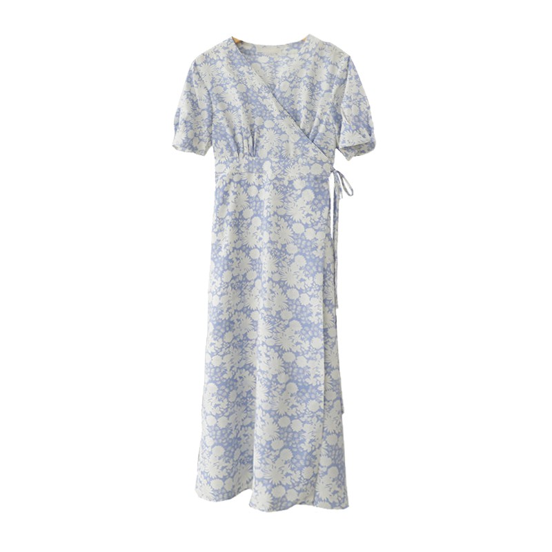 Váy MORAN hoa xanh tươi mát nhẹ nhàng cổ V thắt nơ eo vintage Hàn Quốc điệu đà