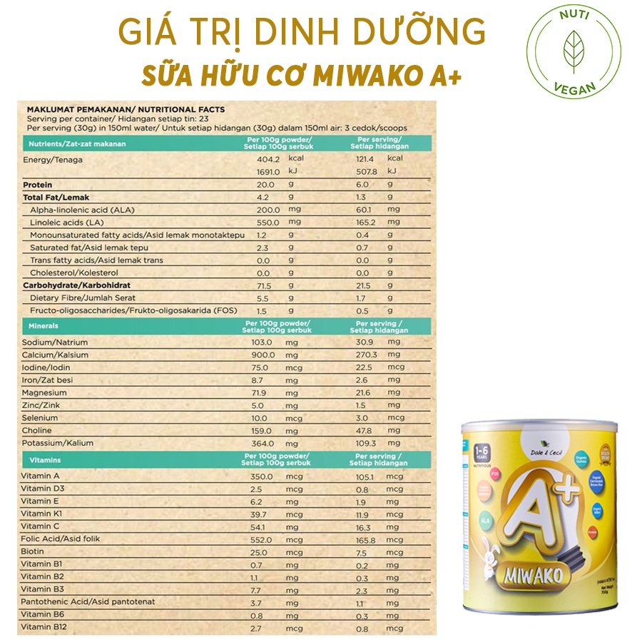 Sữa Miwako A+ Hộp 700g Vị Vani Nhập Khẩu Malaysia, Sữa Hạt Cho Bé 1 Tuổi Trở Lên Giúp Cải Thiện Ngôn Ngữ - nutivegan