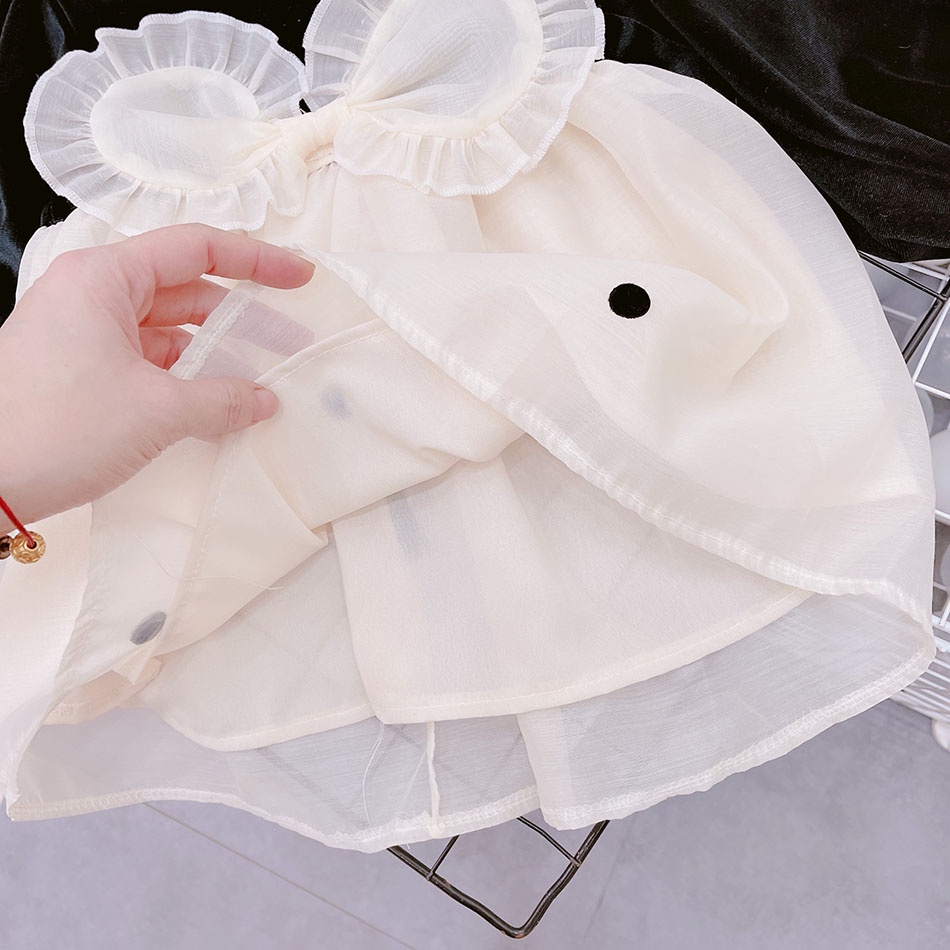 VÁY NHUNG CHO BÉ GÁI PHỐI CHÂN VÁY TƠ  CHẤM TRÒN BẰNG NHUNG ĐÍNH LÊN SIÊU XINH, NHUNG MỀM NHŨN SIZE 9-21KG [V18]