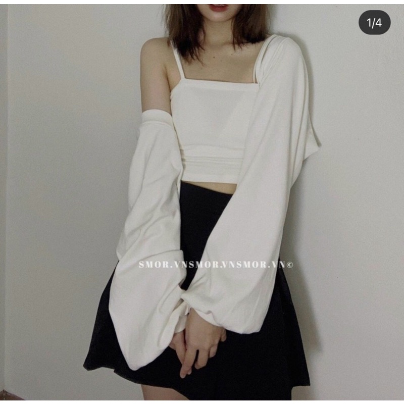 Set áo caridigan kèm áo 2 dây croptop trắng vải thun borip - C0N