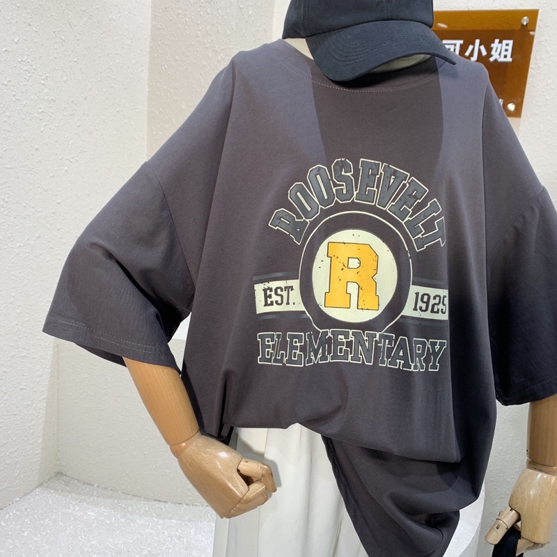 Áo phông 3158, áo thun tay lỡ form rộng chất cotton in hình R vàng