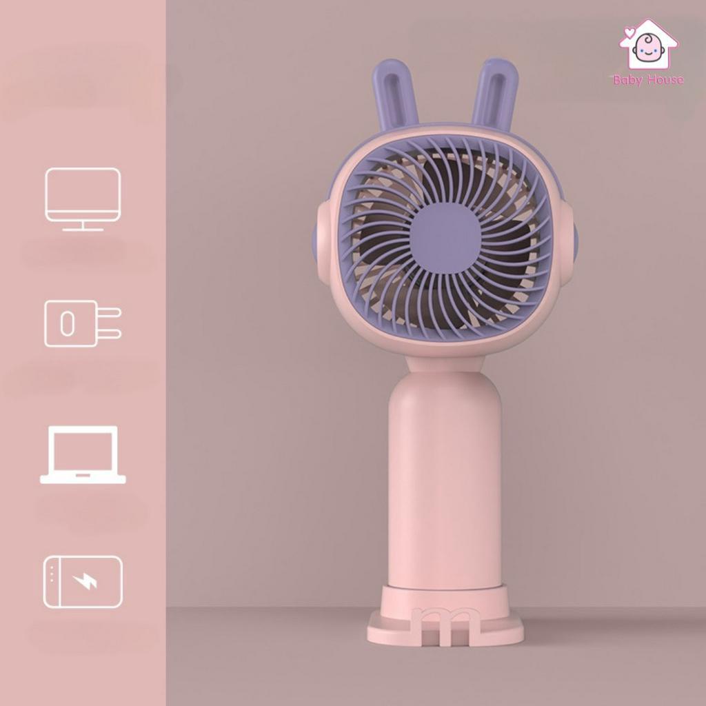 Quạt tích điện Mini Cầm Tay Có Đế Để Bàn Hình Tai Thỏ, Có Cổng Sạc USB  QĐ02