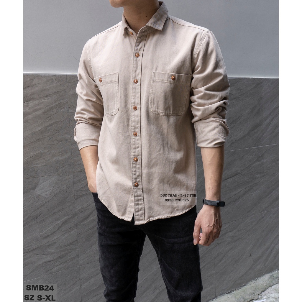 Sơ mi denim kaki túi ngực: chất dày dặn, co giãn, 4 màu vintage bụi bặm.