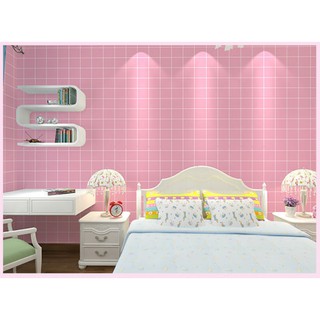 Cuộn 5M PVC giấy dán tường (có sẵn keo dán) – NỀN HỒNG SỌC VUÔNG TRẮNG YJ136