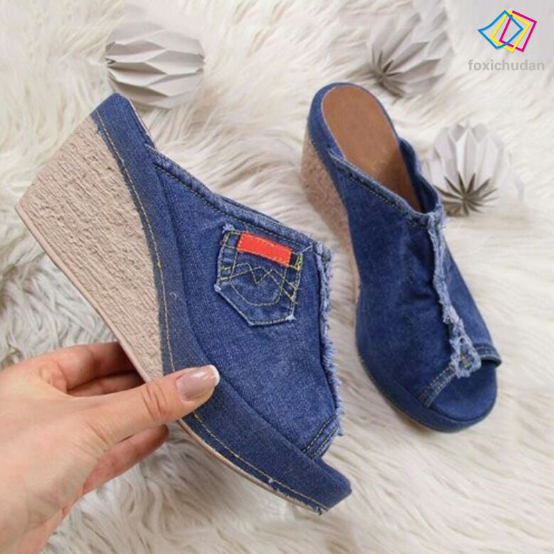 Giày Đế Xuồng Denim Đính Nơ Xinh Xắn Cho Nữ