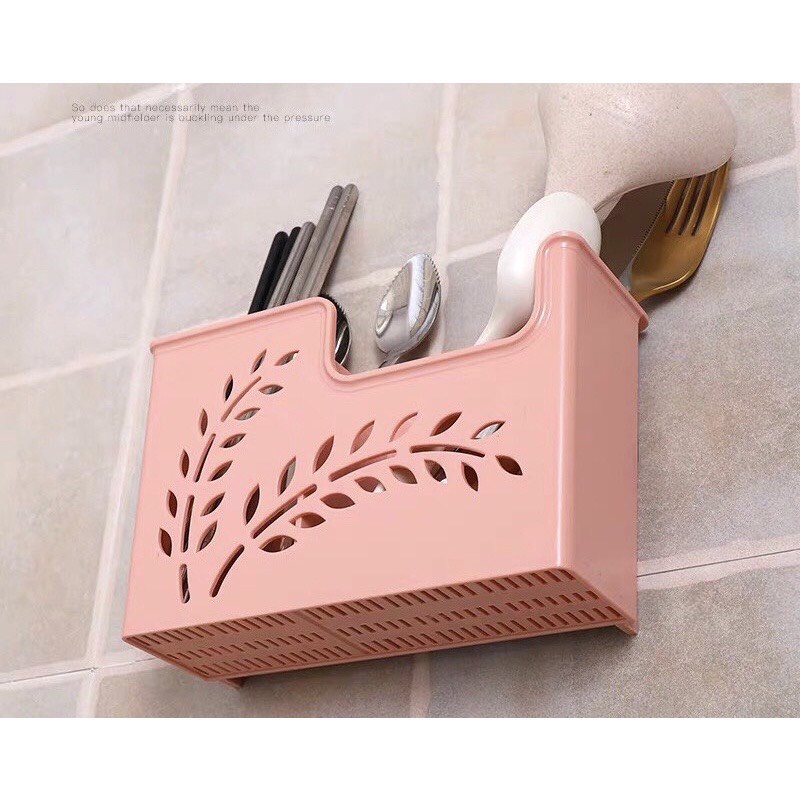 Ống đũa thìa dính tường giỏ đựng thìa đũa treo tường hồng pastel tiện lợi - Ống đựng đũa thìa 2 ngăn phong cách hàn quốc