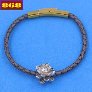 Vòng tay dây da xám 3 ly - Dây da đeo tay hoa sen inox trắng VDDVXBHST14