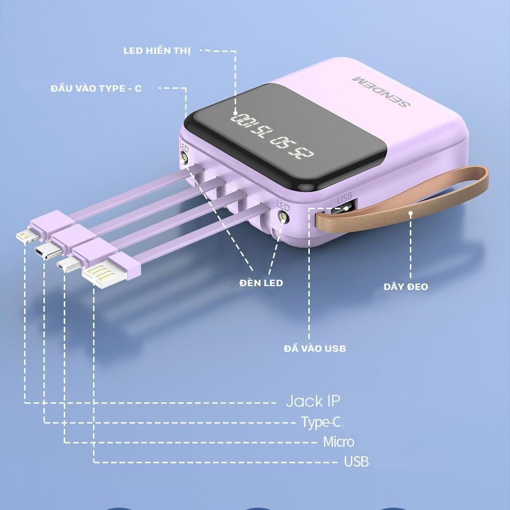 Sạc Dự Phòng Sendem P301 10000mAh Tích Hợp Sẵn Cáp Sạc, Có Led Báo Phần Trăm Pin, Màu Sắc Đa Dạng, Trẻ Trung P301