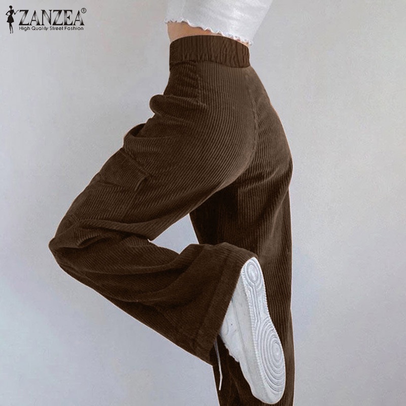 Quần dài ZANZEA ống rộng lưng cao màu trơn thời trang cho nữ