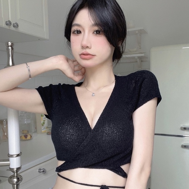 Áo kiểu ZHELIHANGFEI dệt kim tay cổ ngắn chữ V hở lưng gợi cảm tùy chọn màu sắc