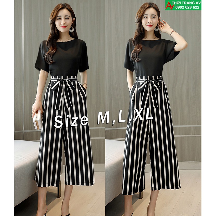 Jumpsuit - Đồ bay lửng ống suông rộng phối sọc thắt nơ eo cực xinh - AV6161