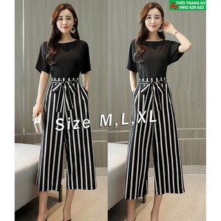 Jumpsuit - Đồ bay lửng ống suông rộng phối sọc thắt nơ eo cực xinh - AV6161