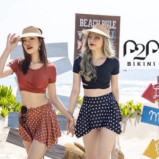 P2P BIKINI - Đồ bơi tay ngắn phối dây, váy xòe cut out chấm bi - BTK360HT_VTN