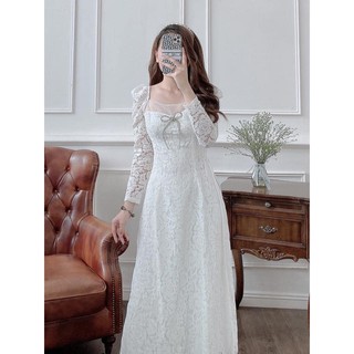 Áo dài ren cổ vuông trễ 👗CHAANG👗 Áo 4 tà chất vải ren mềm có co giãn
