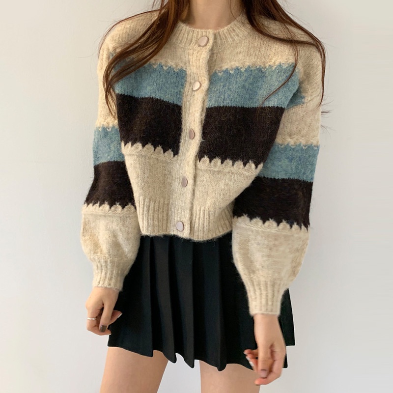 Áo Khoác Cardigan Dệt Kim Tay Dài Họa Tiết Kẻ Sọc Màu Sắc Thời Trang Cho Nữ