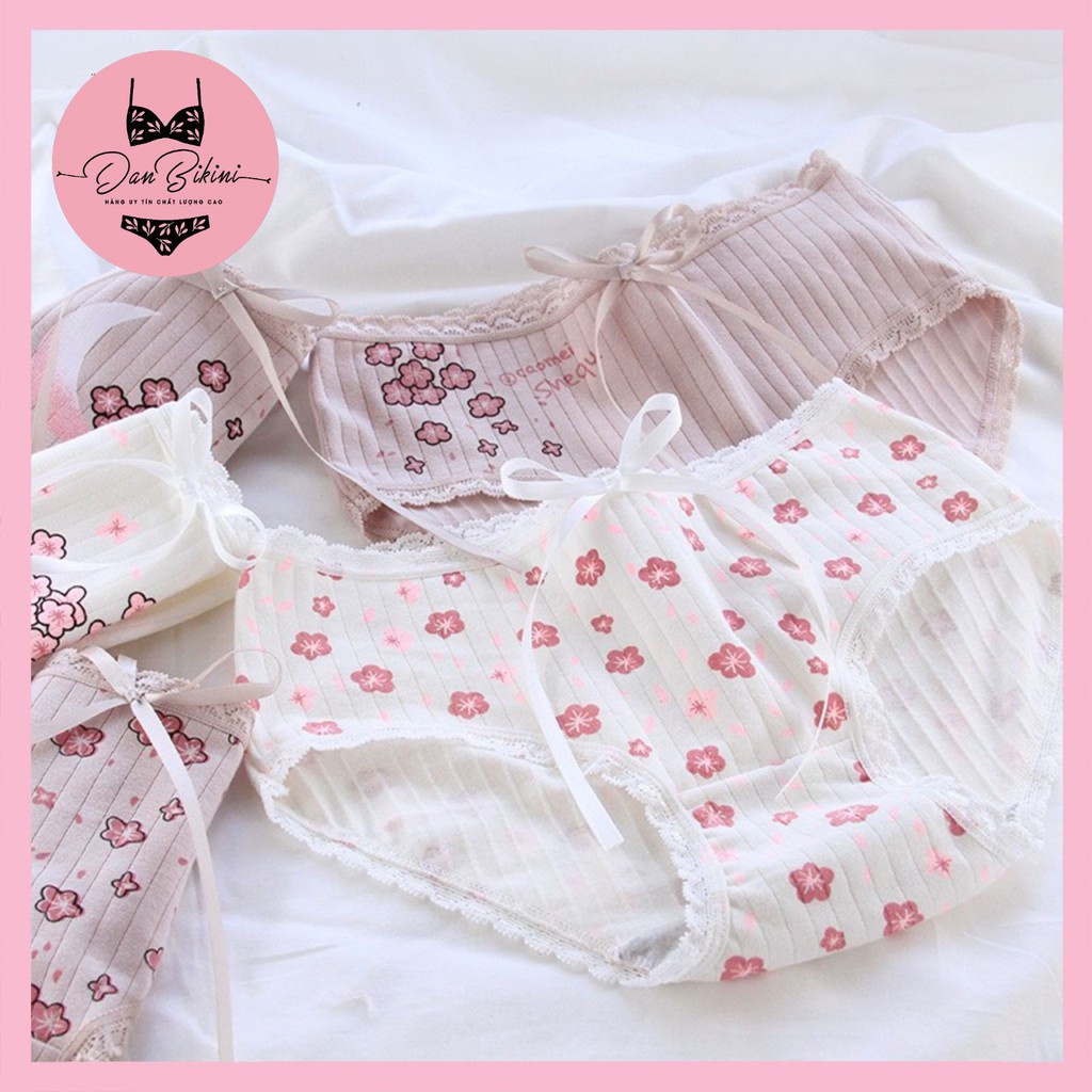 Quần Lót Nữ Cotton Dễ Thương cao cấp gân tăm hoa anh đào tôn dáng chống viêm mã A004