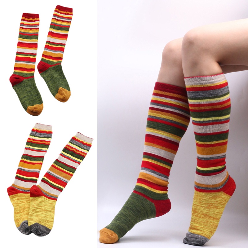 Xiangbao Vớ Cotton Mỏng Cao Đến Đầu Gối Họa Tiết Sọc Cầu Vồng Nhiều Màu Sắc Cho Nữ