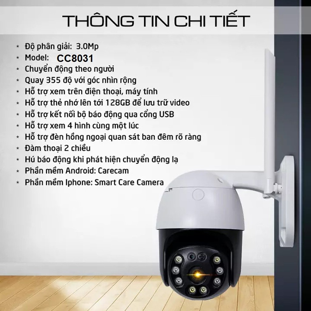 Camera IP Wifi Ngoài Trời 3.0Mp CareCam CC8031 Pro - Thẻ Nhớ Tùy Chọn