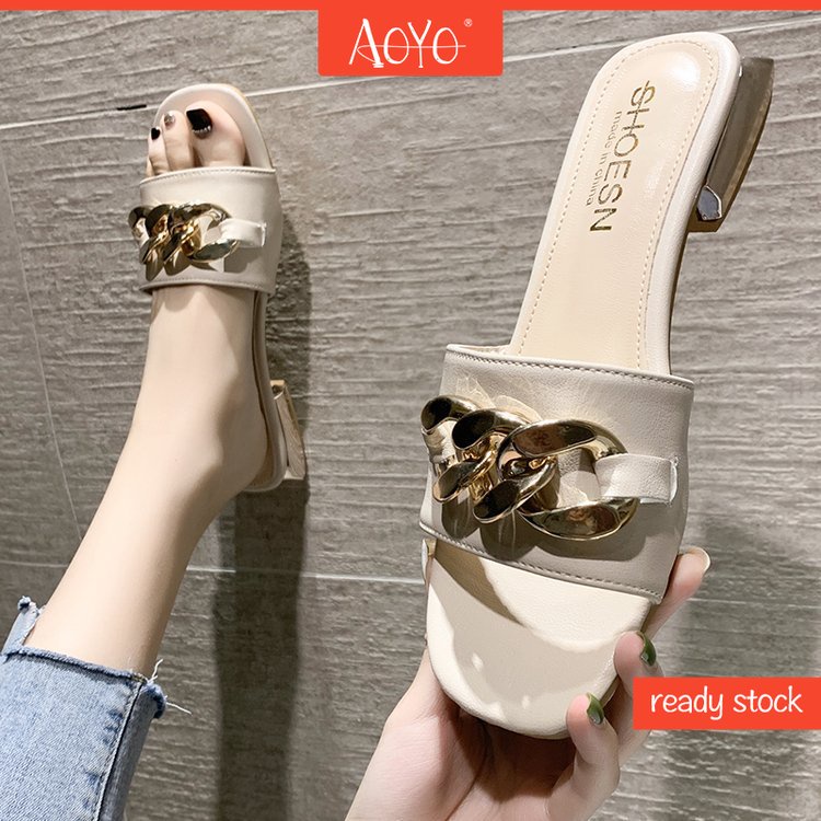 Korean Fashion Metal Chain Chain Open Low Heel Slippers Women's Size 35-40