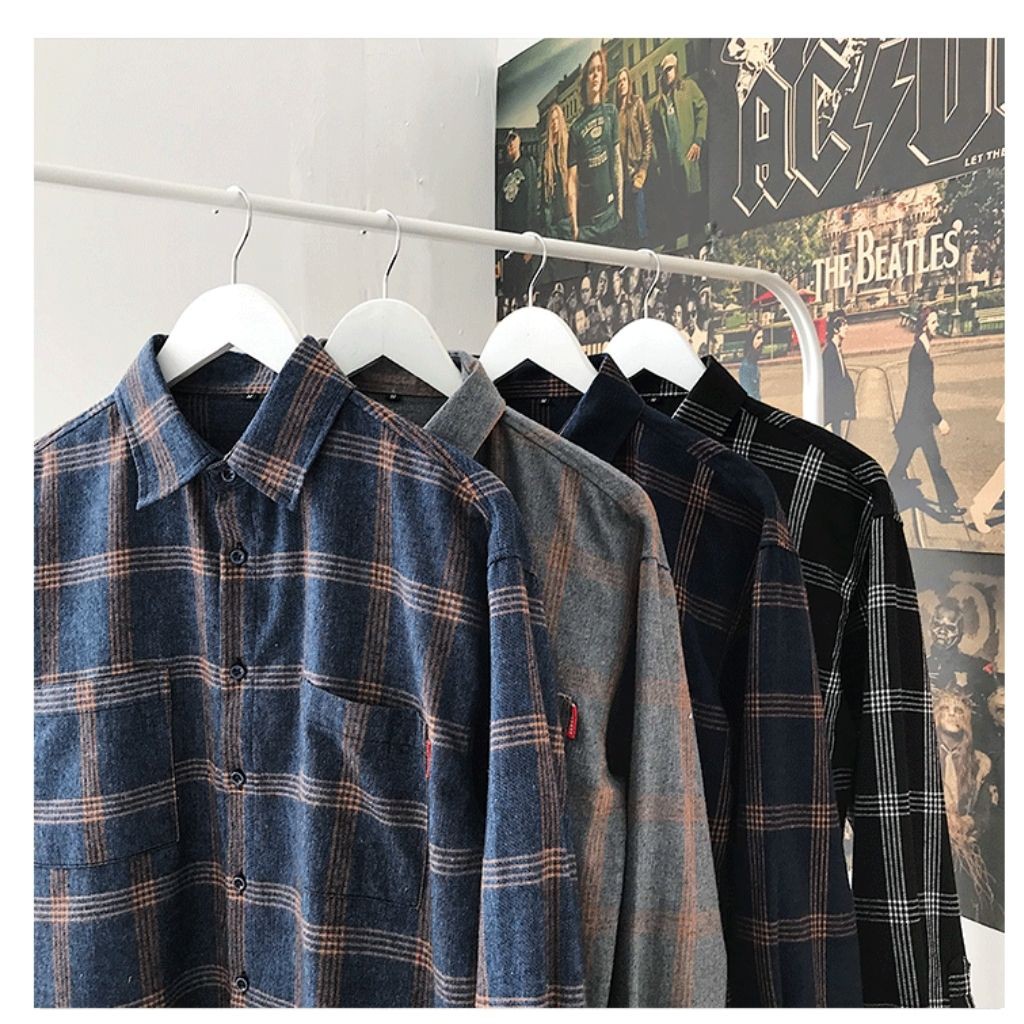 Áo Sơ Mi Nam Nữ Kẻ Caro Dài Tay Cổ Bẻ Form Rộng Hàn Quốc Cực Hot K4 | BigBuy360 - bigbuy360.vn