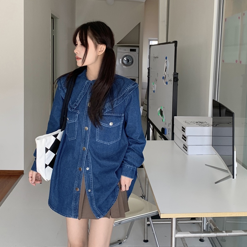 Áo Sơ Mi Chất Liệu Denim Màu Xanh Phong Cách retro Cho Nữ