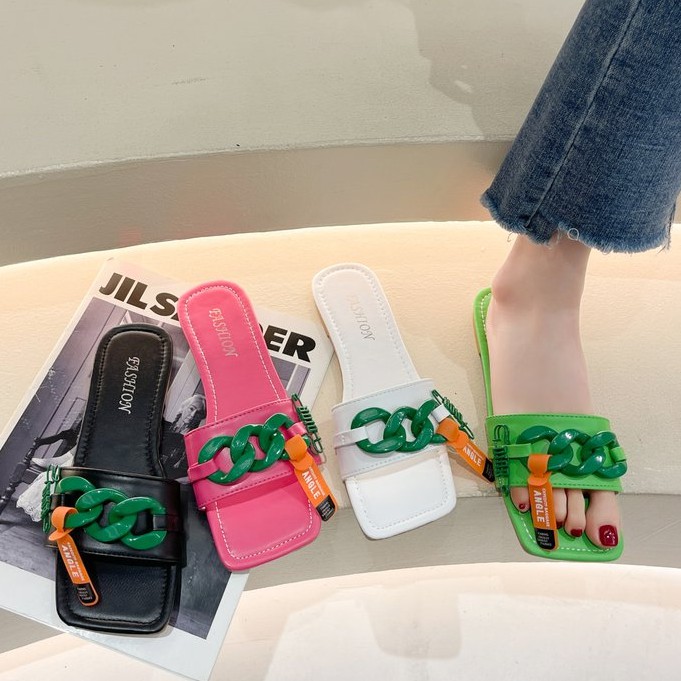 [ Mã 66CBSALE giảm 30K đơn 200K] Ulzzang Fashion Square Chain Flat Sandals Outwear Slipper Women Shoes | BigBuy360 - bigbuy360.vn