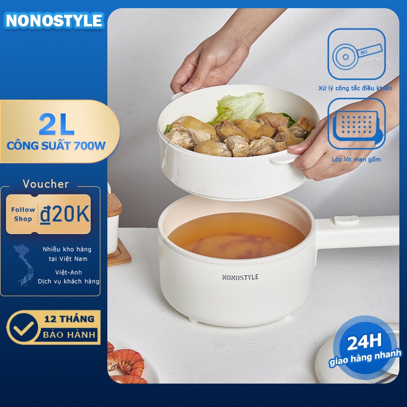 Nồi nấu đa năng 2L NONOSTYLE nấu lẩu, cơm tay cầm cách nhiệt, điện công suất 700W thích hợp 1 - 2 người - BH 12 tháng