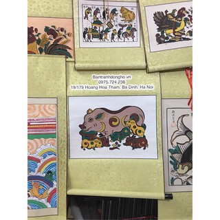 Tranh đông hồ đàn lợn to 37x52cm 64x75cm - tranh đông hồ bồi lụa chuôi gỗ