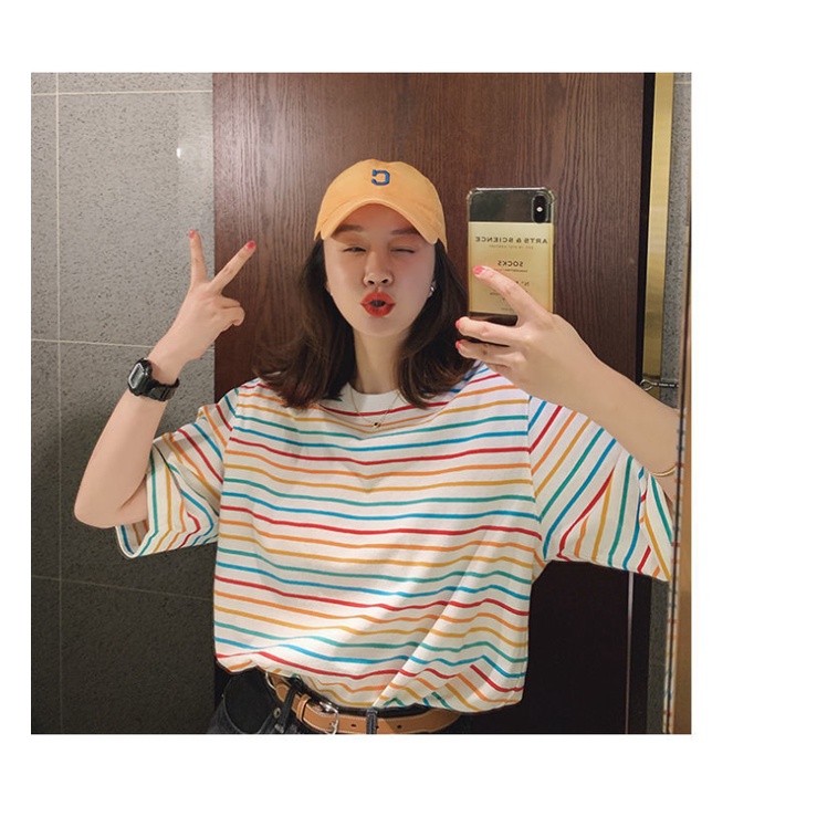 Áo Thun Tay Ngắn Cổ Tròn Dáng Rộng Họa Tiết Kẻ Sọc Nhiều Màu Sắc Phong Cách Hàn Quốc Thời Trang Mùa Hè Cho Nữ