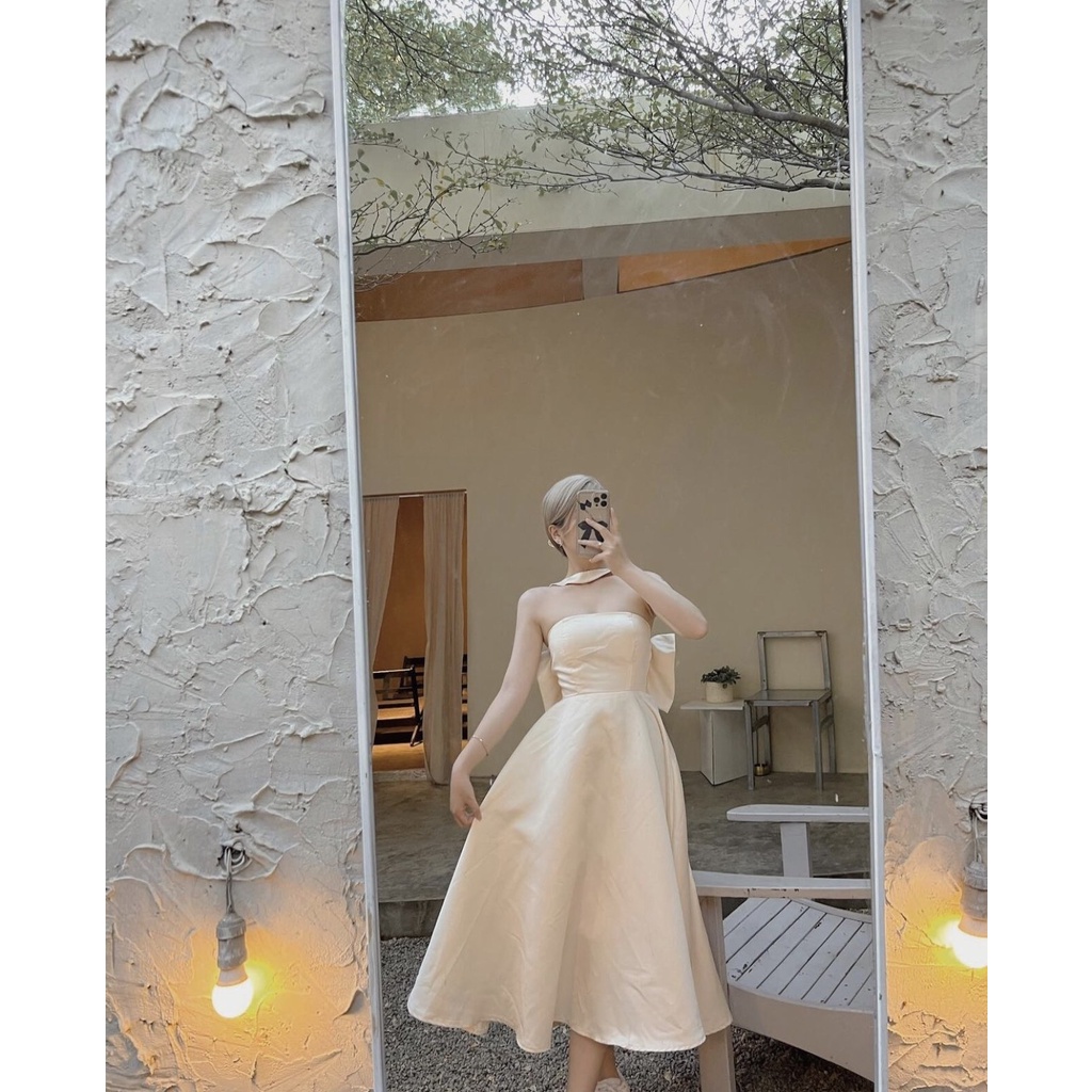 Váy Bigsize Cúp Ngực Dáng Xoè Kèm Choker Nơ Lưng Vải Tafa (40-70kg)