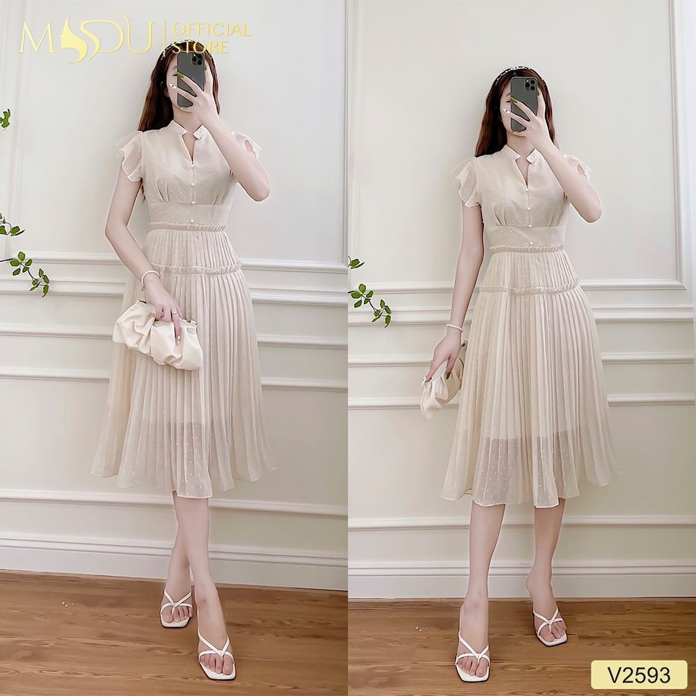 Đầm nữ dáng dài xếp ly tay bèo cổ tàu đính khuy đi tiệc V2593 - THỜI TRANG THIẾT KẾ MDU