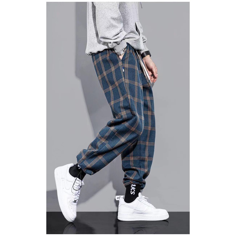 Japanese Vintage Plaid drop straight pants men's fashion hip hop men's and women's loose casual drawstring sports pants