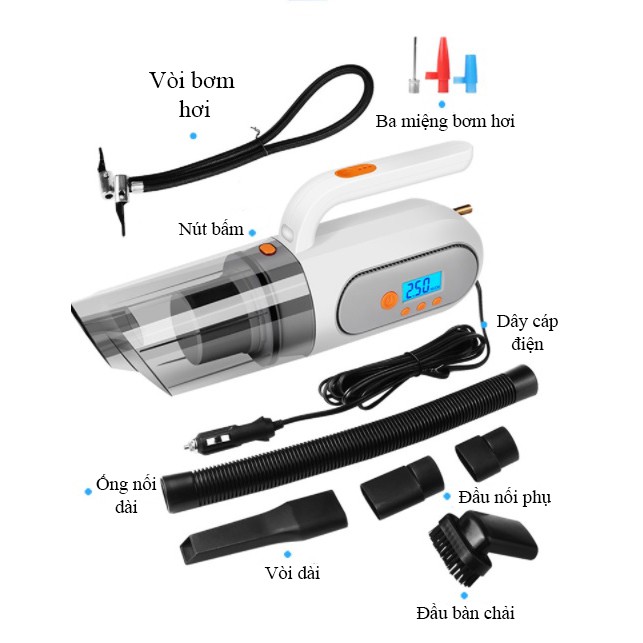 Máy hút bụi 4 in 1- Bơm lốp xe oto, chiếu sáng, đo áp suất lốp + hút bụi bằng điện tử - K1074