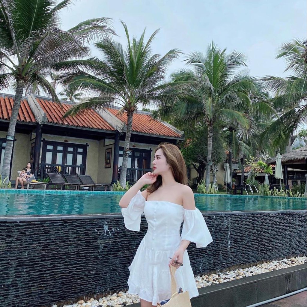 Đầm trễ vai nút bọc tay loe (có ảnh thật) | BigBuy360 - bigbuy360.vn