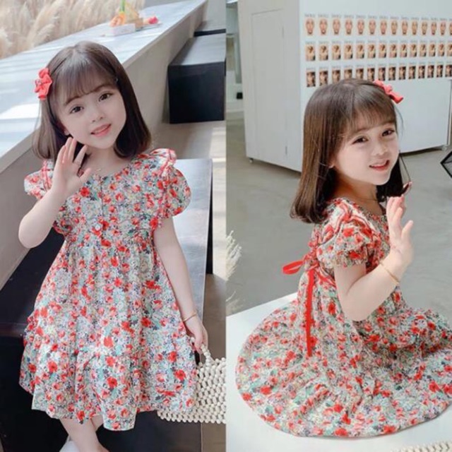 VÁY XÒE HOA ĐỎ VINTAGE BÉ GÁI