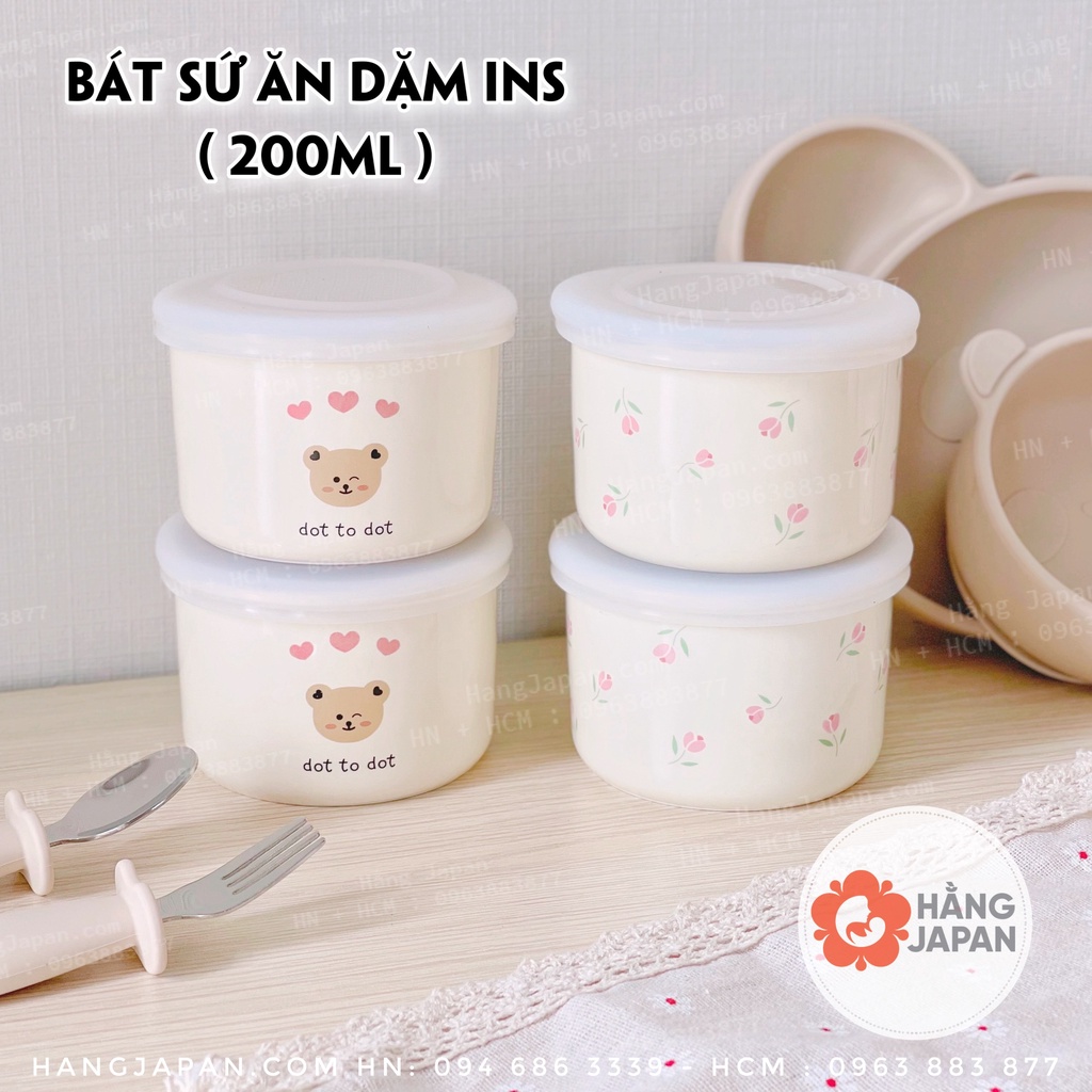 Bát sứ ăn dặm INS đựng đồ ăn dặm, có nắp Silicon phong cách Hàn Quốc 200ml