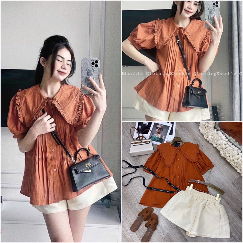 Set Áo Cam Gạch Mix Quần Short Tacta (Hàng loại 1) Áo Kiểu Kèm Quần Trắng