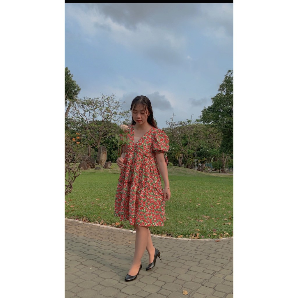 Váy Xòe Nữ, Đầm Babydoll Hoa Nhí Nhún Thun Tay Phồng 2 Lớp Tone Màu Cực Tây, Form Xòe Nhẹ Xinh Xắn Trẻ Trung.
