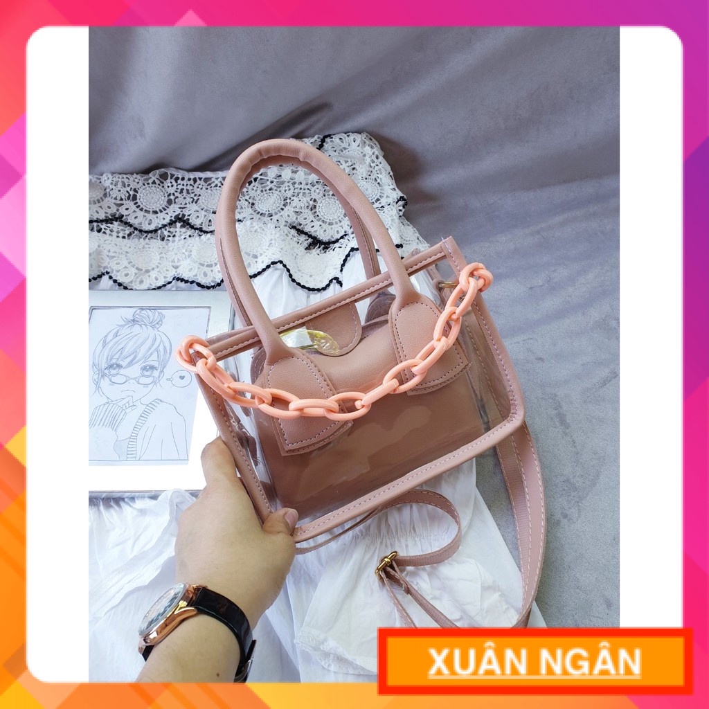 Túi trong suốt phối xích nhựa PVC cao cấp cầm tay đẹo chéo thời trang mẫu mới nhất TSXICH + ảnh thật hot