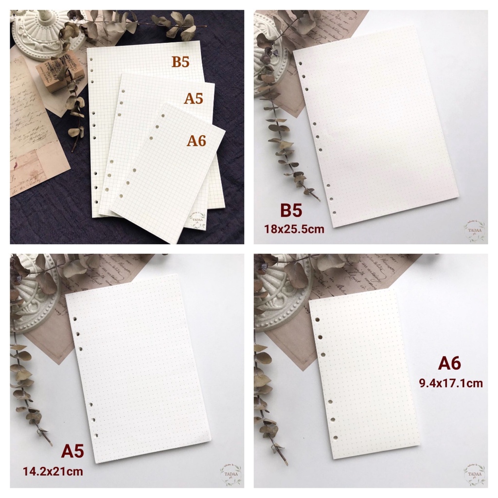 Bìa sổ còng ruột giấy refill binder bìa nhựa cứng A5 A6 B5 6 9 26 lỗ giấy kẻ vuông ngang trơn chấm - Tadaa Gifts