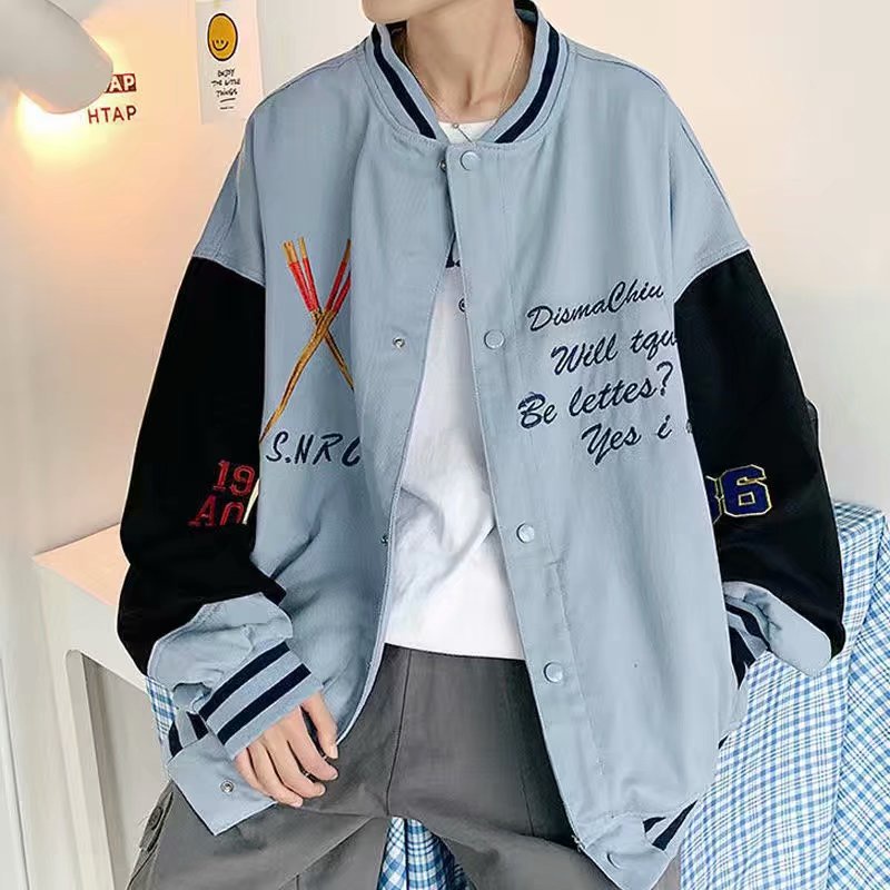 Áo khoác bóng chày cổ chữ V dáng rộng thêu họa tiết thời trang dành cho nam